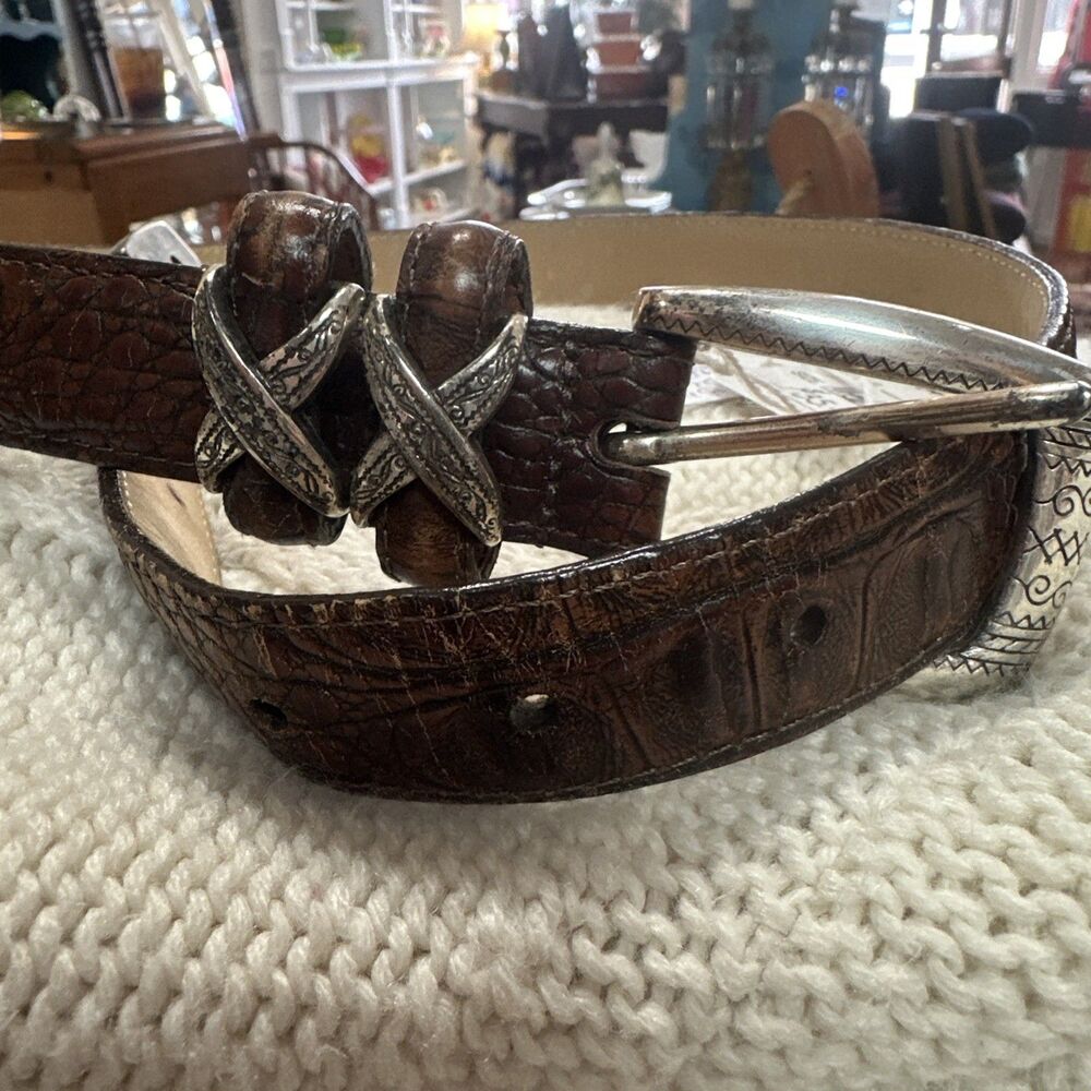 Brighton Leather Belt Womens Small Silver Buckle Alligator print Brown 28 4B10B